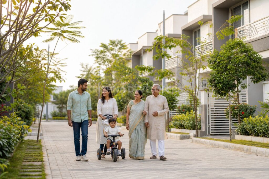 family walking in peaceful residential area near Bhubaneswar with modern villas and greenery