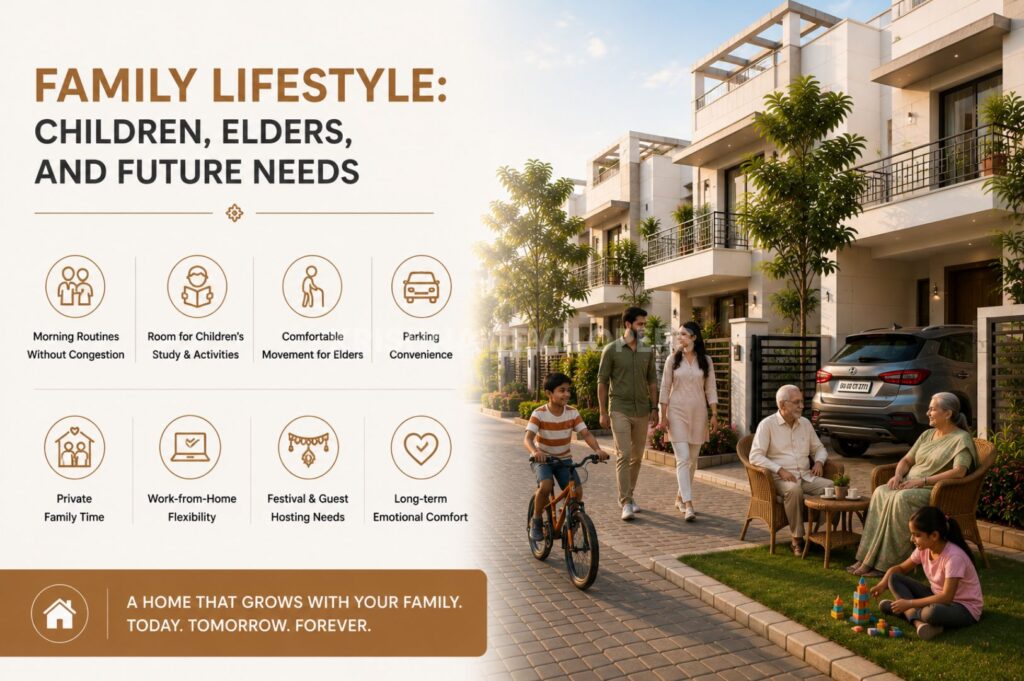 Family lifestyle inside a premium villa community in Bhubaneswar showing children cycling safely, elders relaxing outdoors, private family space, and long-term comfortable living environment.