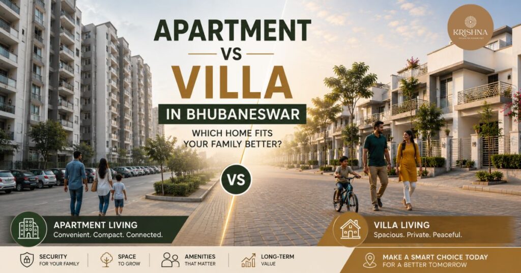 Apartment vs villa living comparison in Bhubaneswar showing compact urban apartments and spacious gated villa community lifestyle for families.