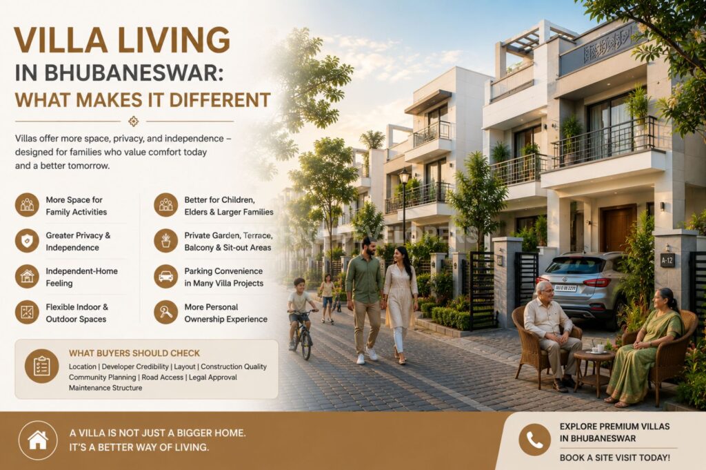 Premium villa living in Bhubaneswar with spacious duplex homes, private parking, family-friendly streets, elders relaxing outdoors, and independent gated community lifestyle near Phulnakhara.
